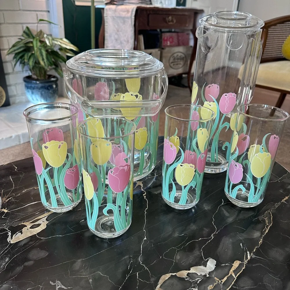 Vintage Culver Acrylic Spring Tulips 🌷 Patio Set Tumblers Ice Bucket Pitcher